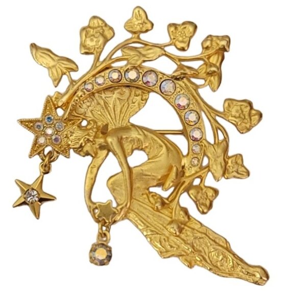 Kirk's Folly Gold Tone  Beautiful Fairy On A Crescent Moon Star Dangle Brooch - Picture 6 of 9